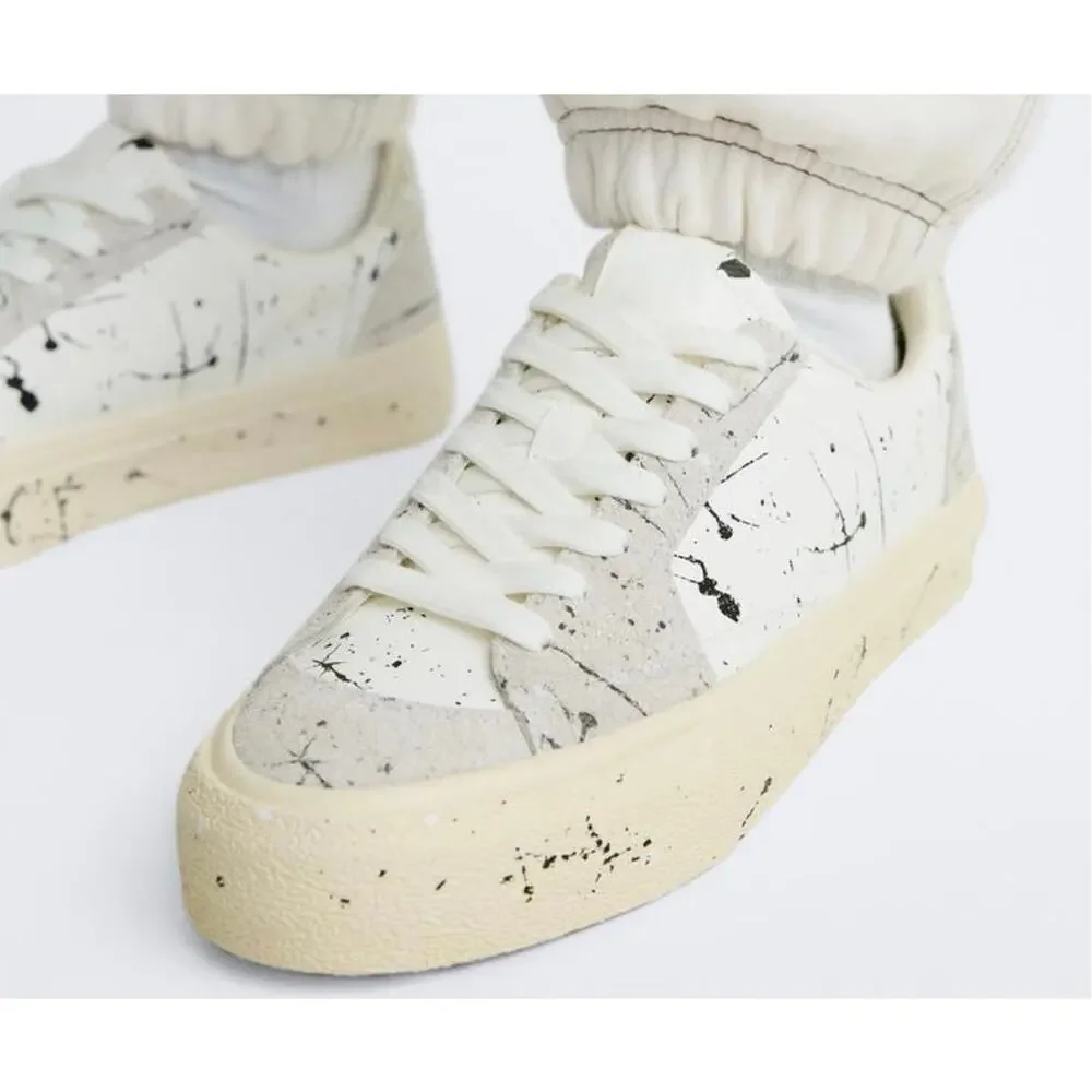 Zara Men's White and Black Leather Painted Sneakers - size 8 - I5